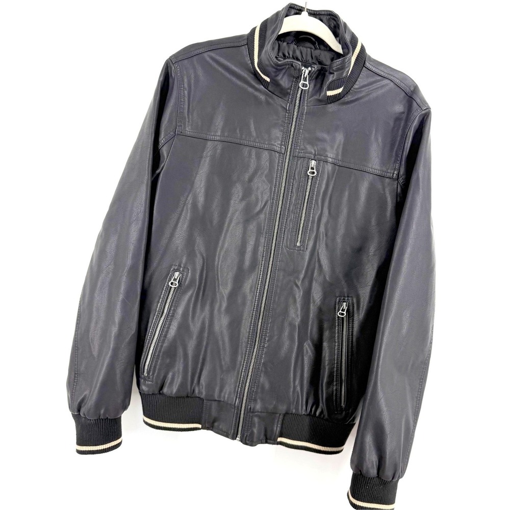 Wilsons Cycle PU Leather Bomber Jacket Men's Size S BLK Zip Front Ribbed Collar - Picture 2 of 12